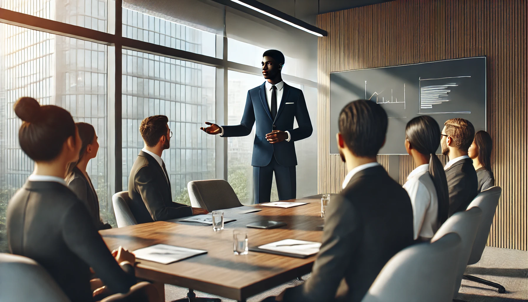 DALL·E 2025-07-04 17.26.07 - A photorealistic image of a young Black or Brown professional confidently giving a presentation in a modern office meeting room. The person is standin